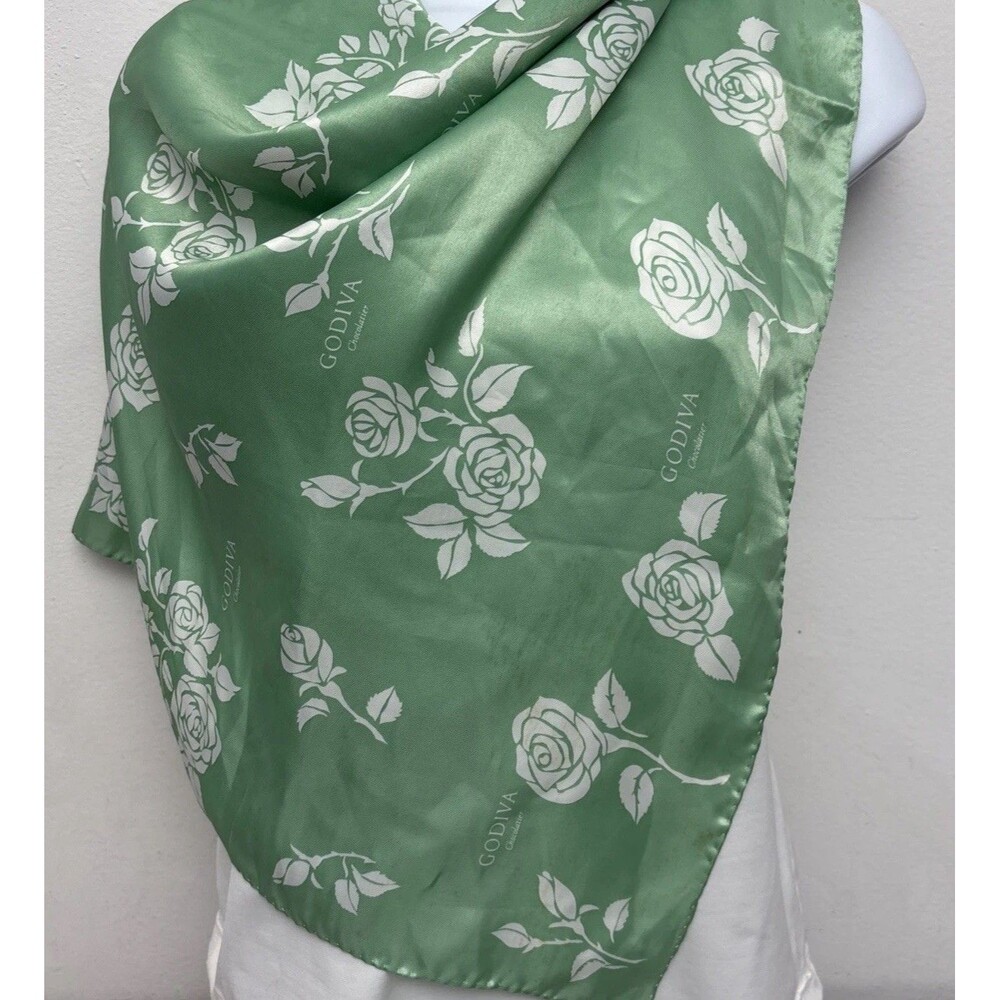 GODIVA Chocolatier Silky Scarf, Apple Green W/White Roses 35” X 34” Polyester